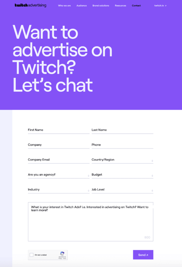 Twitch advertiser form